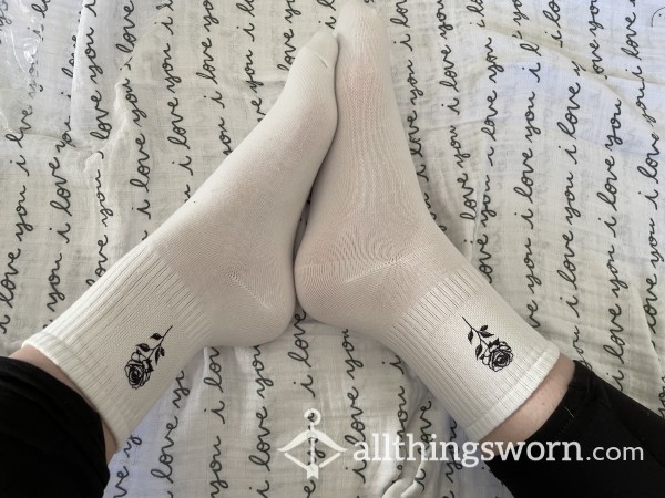 White Crew Socks With Black Rose With 1 Workout