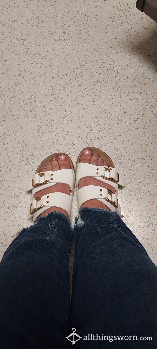 White Double Strap Buckle Sandals