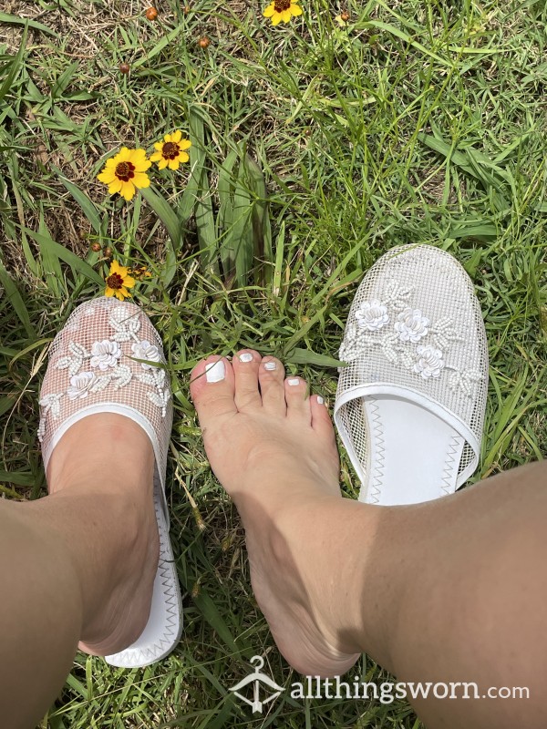White Floral, Mesh, Slipper, Sandals, Shoes, Well Worn, Stinky Smelly Feet