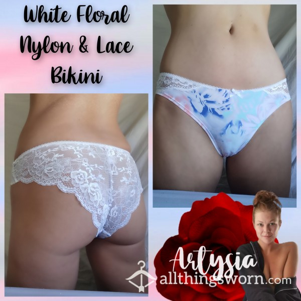 White Floral Nylon & Lace Bikini
