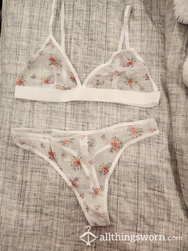 White Floral Sheer Bra And Thong, Free Shipping