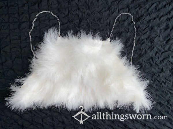 White Fluffy Feather Crop Top With Silver Chain Straps