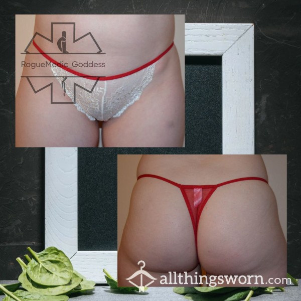 White Lace With Red Trim G-String Thong - Medium
