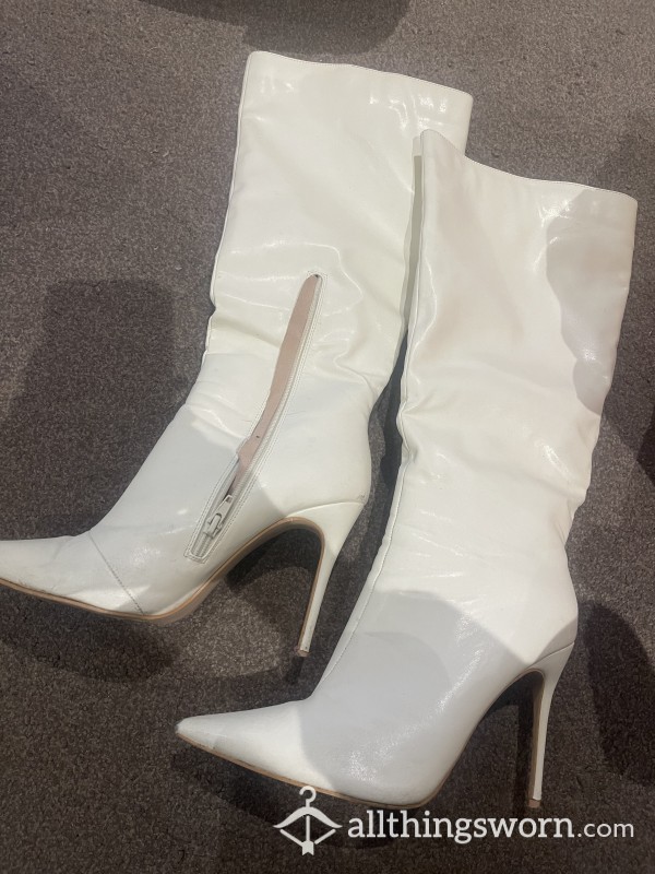 White Leather Look Stiletto Heel Boots
