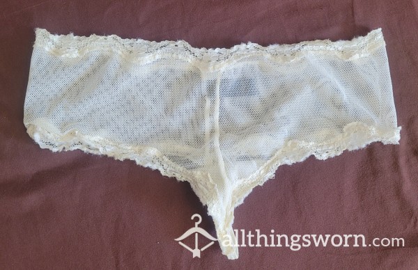 White Mesh And Lace Thong With Cotton Gusset