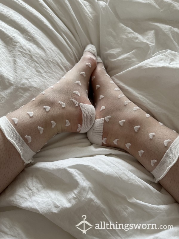 White Mesh Socks With Hearts