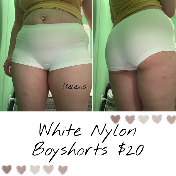White Nylon (92%) & Spandex (8%) Boyshorts. 🤍🩳