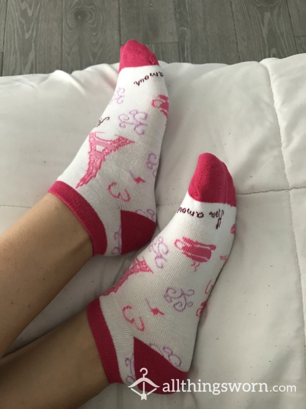 White Pink Patterned Cotton Ankle Socks