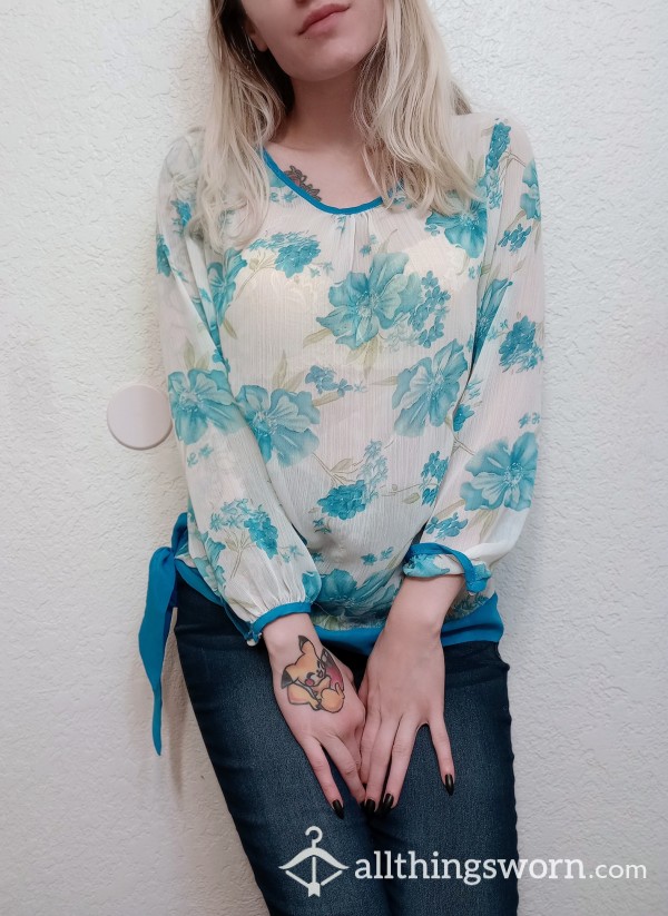 White Sheer Blouse With Blue Flowers