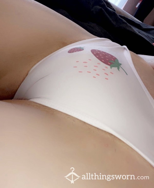 💗SOLD💗🍓 White Silky Strawberry Panties ♡ 48hr Wear ♡ + Free 1 Min Video & Update Pics