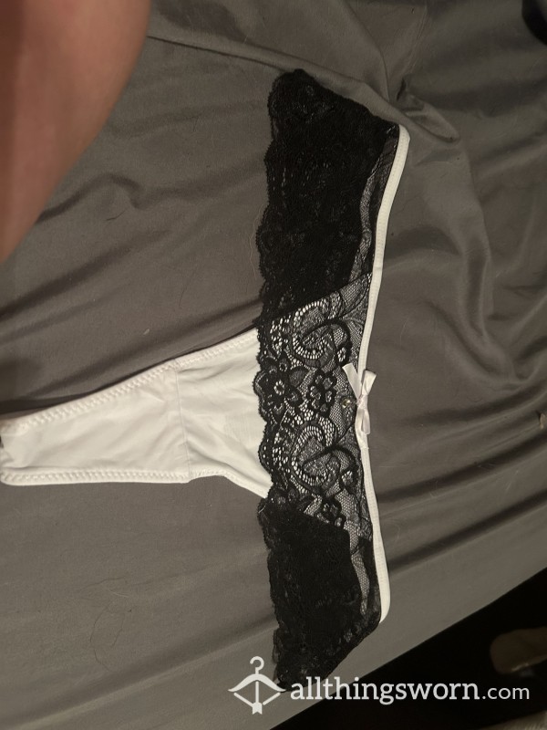 White Silky Thong With Black Lace Trim