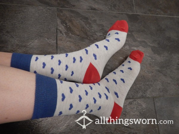 White Socks With Blue Hearts- 48h Wear