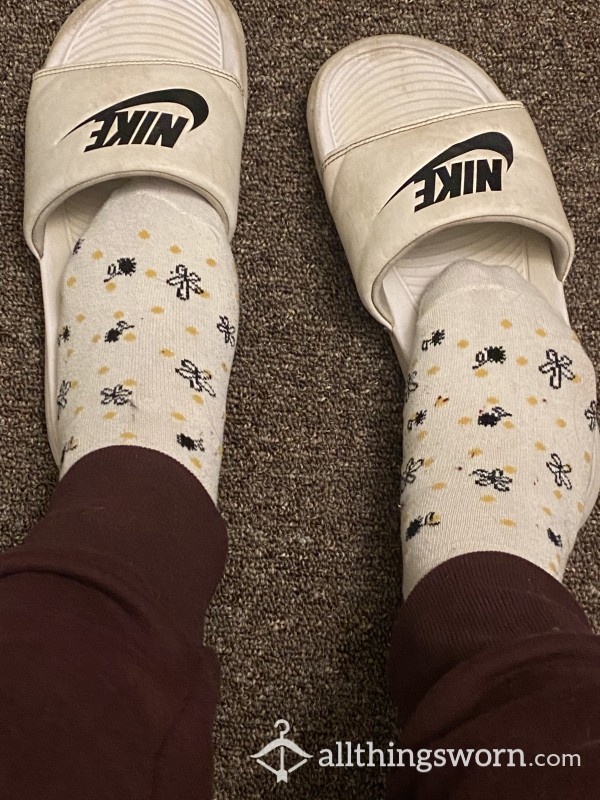 White Socks With Flowers And Yellow Poke A Dot's