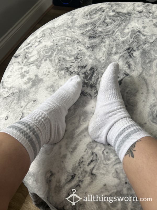 White Socks With Grey Stripes. 2 Day Worn