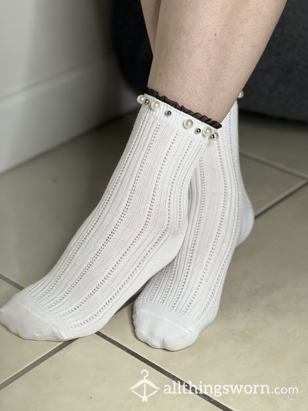 🖤 White Used Socks With Pearl & Black Frill Detail 🖤 Worn 24 Hours- Free Shipping