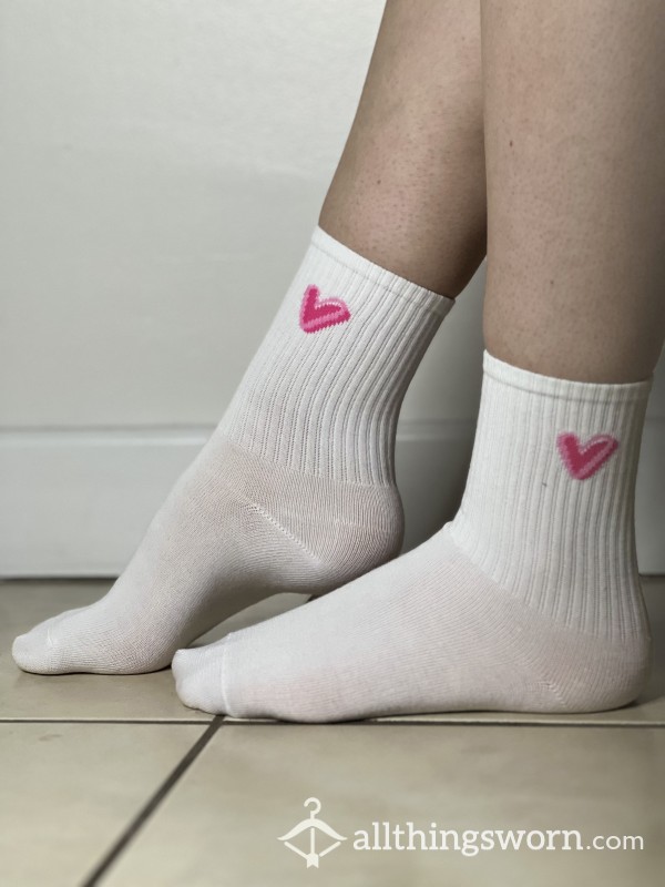 🩷 White Used Socks With Pink Heart Detail 🩷 Worn 24 Hours- Free Shipping