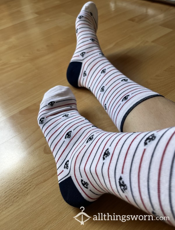 White Socks With Stripes And Anchors- 48h Wear