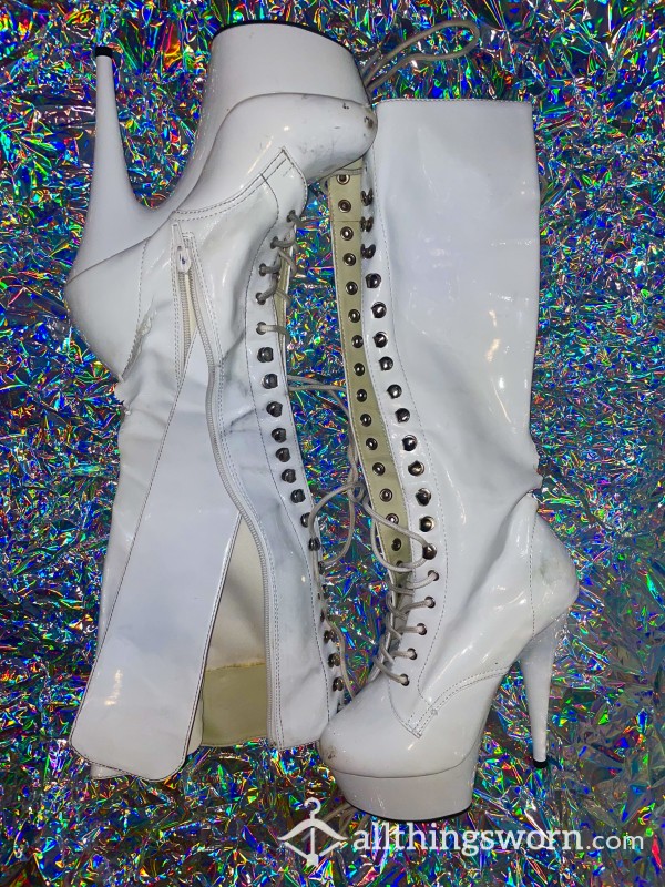 White Stripper Boots, Pleaser Size 6