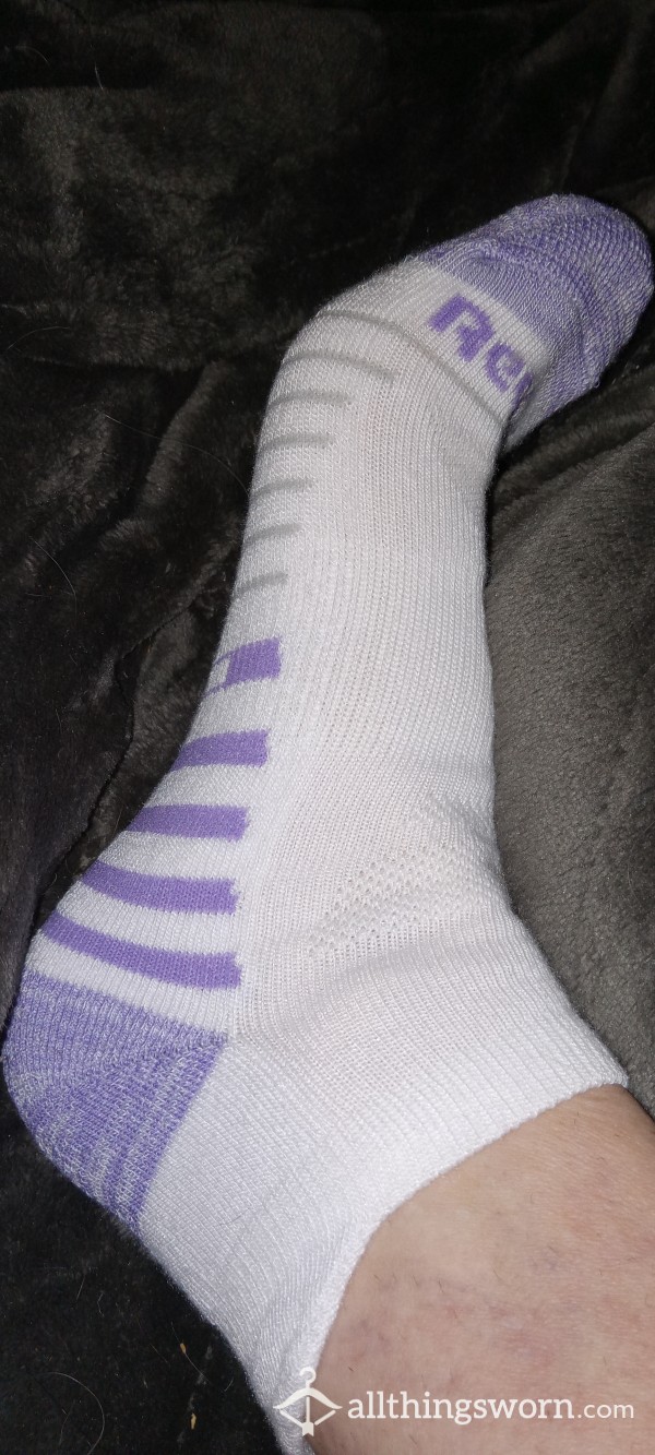 White With Purple Reebok Ankle Socks.  48 Hours Of Wear Included.