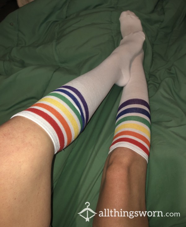 White With Rainbow Stripes Knee High