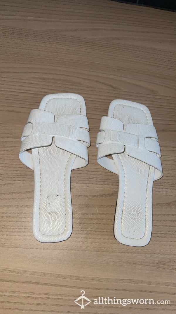 White Leather Worn Flat Sandals
