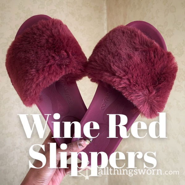 Wine Red Fuzzy Slippers ✨ Soft Rubber Soles ✨ Open Toe✨