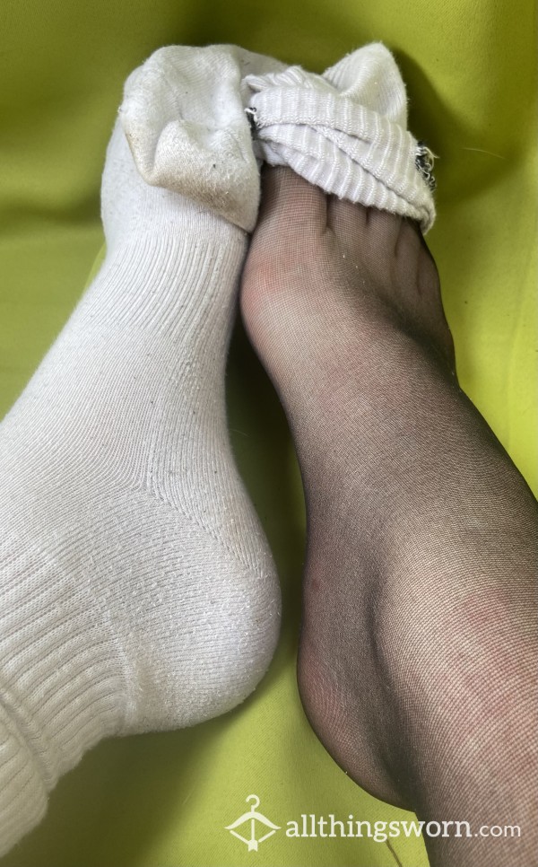 Worn White Socks With Nylon Underneath.