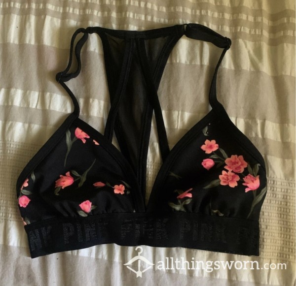 Worn And Super SEXY VS PINK Bra With PINK Band And Flowers With Mesh Back, SEXY And So Hot On!! 🥵