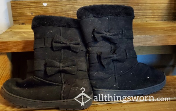 Buy Worn Black Fuzzy Boots With Bows