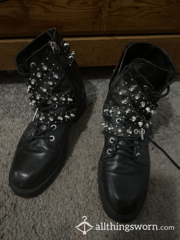 Worn Black Leather Studded Combat Boots
