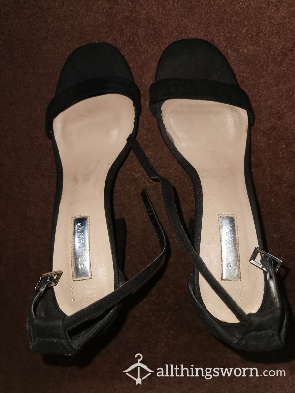 Worn Black Suede Strappy Thick Platform Heels