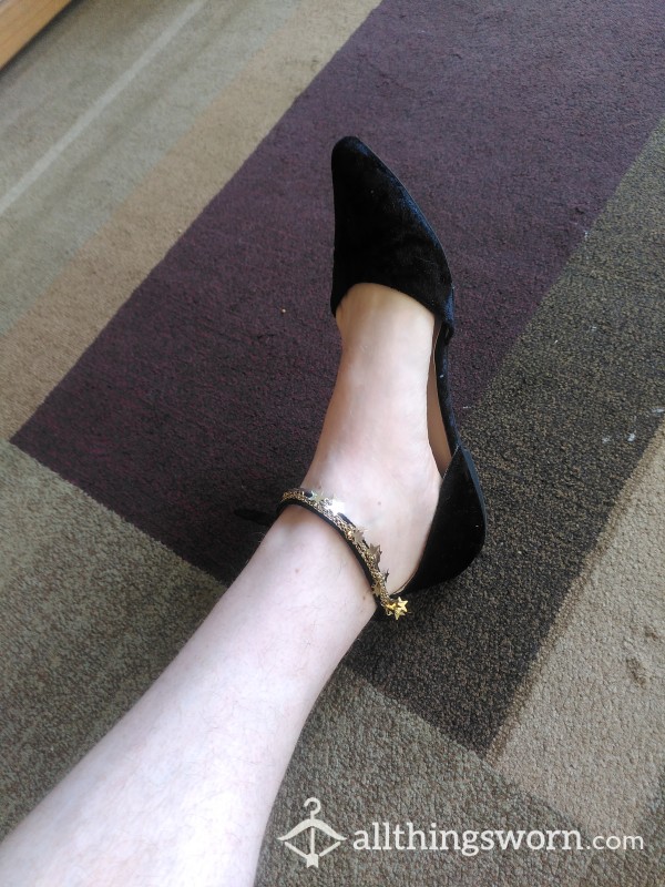 Worn Black Velvet Flat Pointed Shoes With Golden Star Ankle Strap