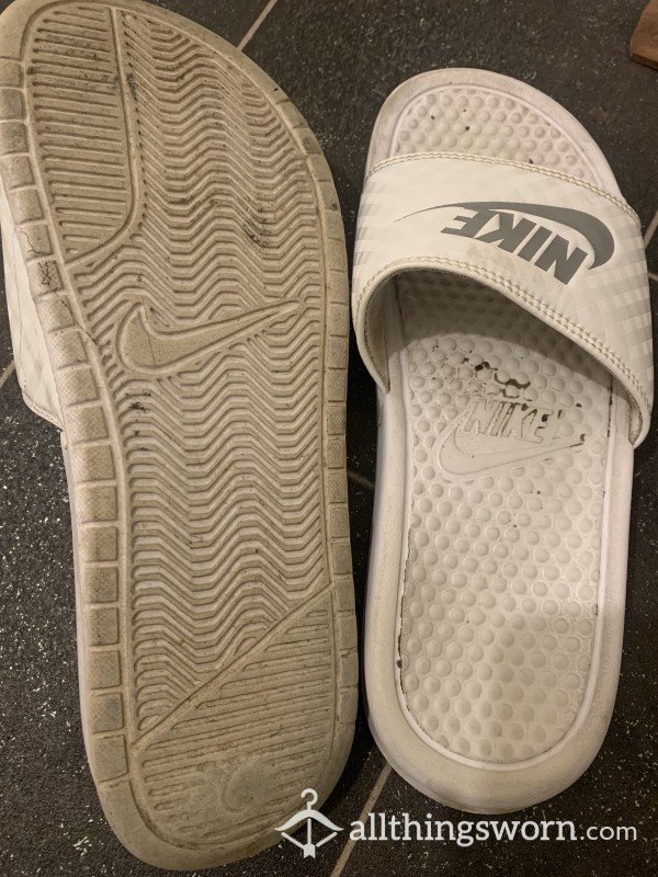 Dirty Nike Sliders, Worn With No Socks
