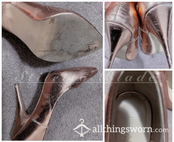 Worn Dirty Sweaty Office Pleaser Stiletto Heels • Rose Gold Patent Shiny