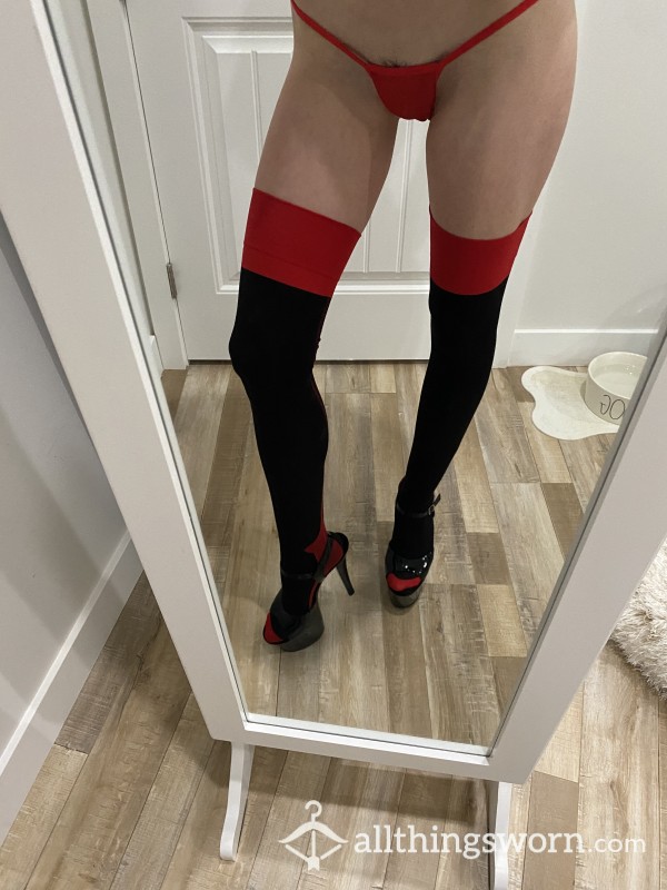 Worn For Play! Black And Red Semi Sheer Back Seam Thigh High Stockings With Red Feet