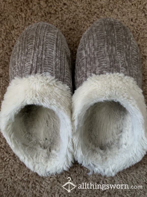 Worn Grey Fuzzy Slippers