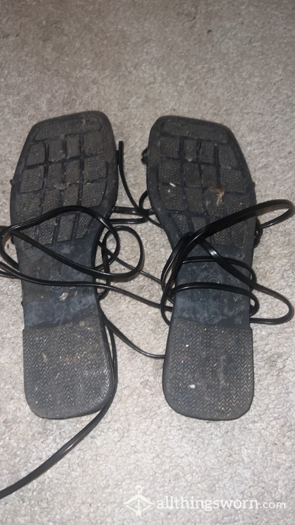 Worn Lace Up Black Sandals