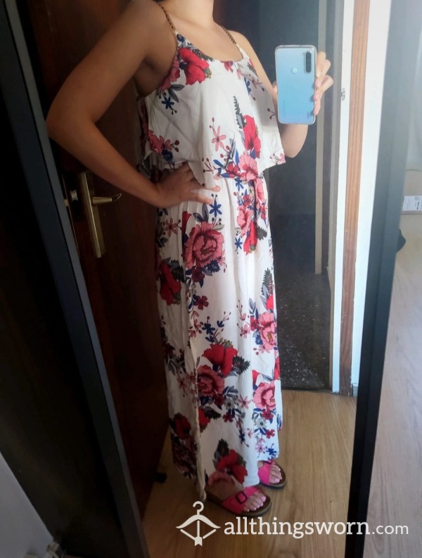 Worn Long Floral Dress With Metallic Straps And Flowy Top