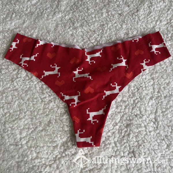 WORN NEW AE Aerie American Eagle Red And White Christmas Reindeer Thong *48 HR WEAR*