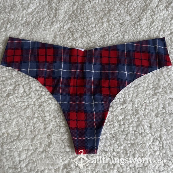 WORN NEW AE Aerie American Eagle Red White And Blue Plaid Thong *48 HR WEAR*