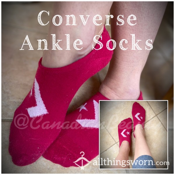 Worn Pink Converse Ankle Socks With White Logo On Tops And Soles