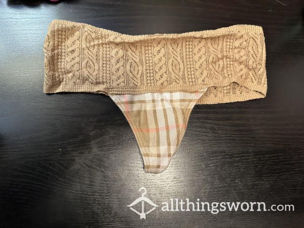 Worn Plaid Brown And White High Waisted Lace Cotton Thong