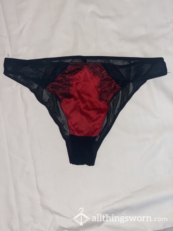Worn Red And Black Satin And Lace Knickers - Ann Summers