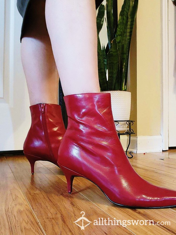 Worn Pointed Toe Red Leather High-heeled Ankle Boots
