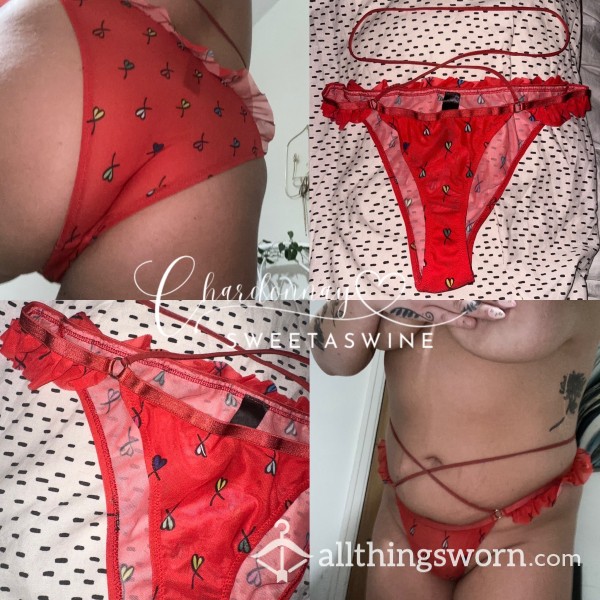 🍑Worn Red Mesh Frilly Body Crossover Panties❤️