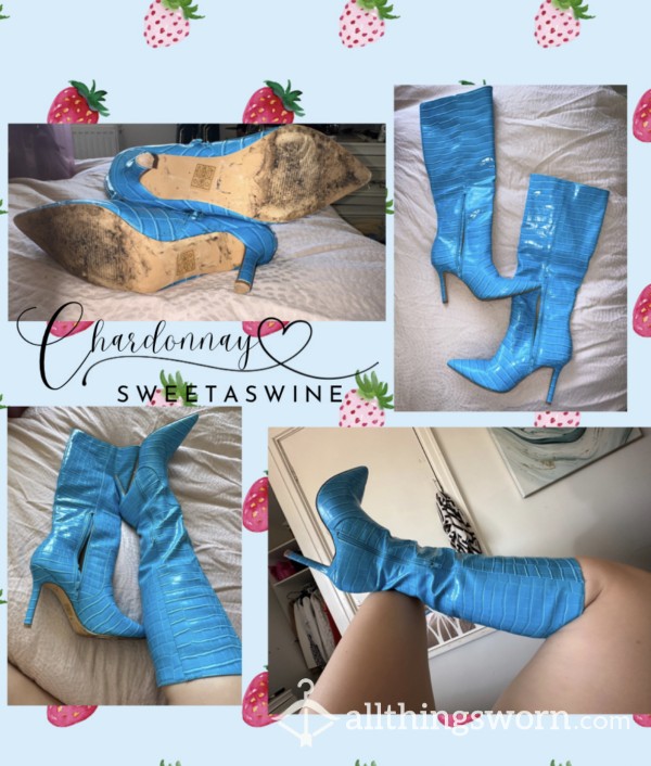 🍷UK 6|🦶🏼Worn Sexy Blue Croc Heel Boots👢💙