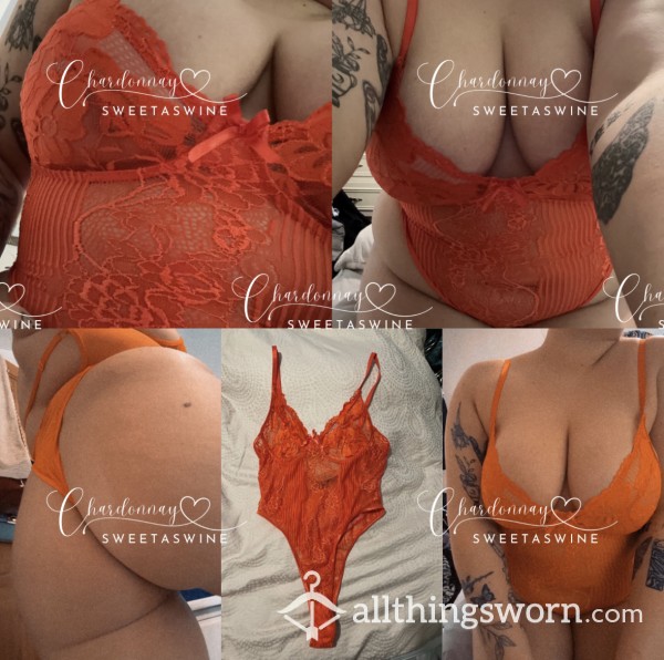🍷UK 12|🍑Worn Sexy Lace Orange Bodysuit 🧡