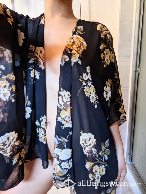 Worn Sheer Black And Floral Robe
