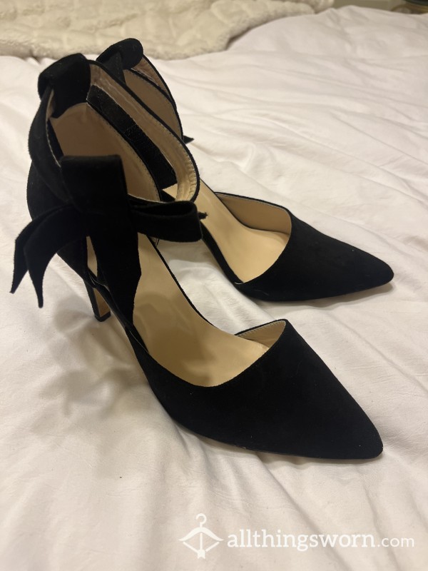 Worn Small Black Velvet Heels With Ankle Strap And Bow