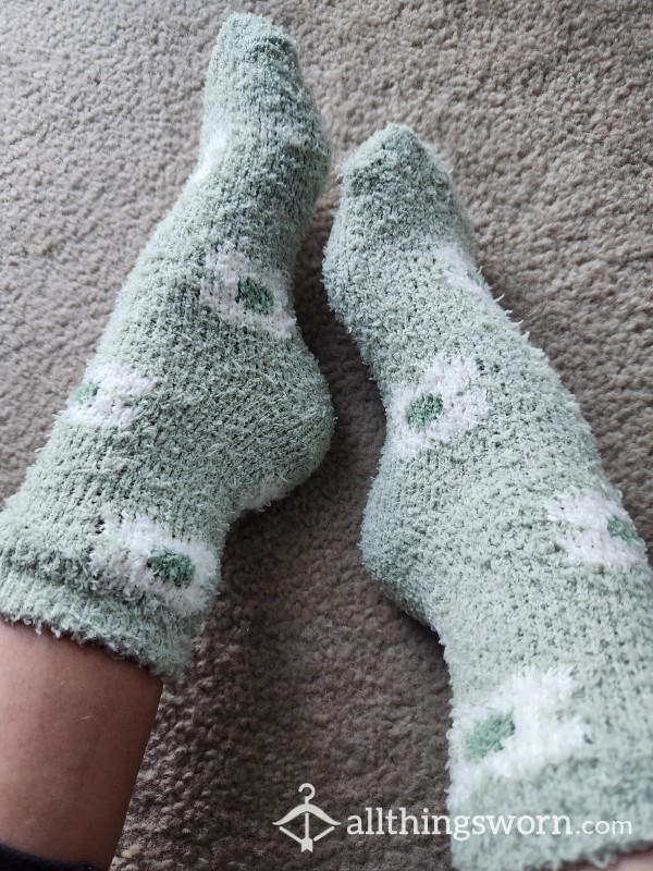 Worn Soft Fuzzy Green Daisy Socks! 48 Hr Wear!